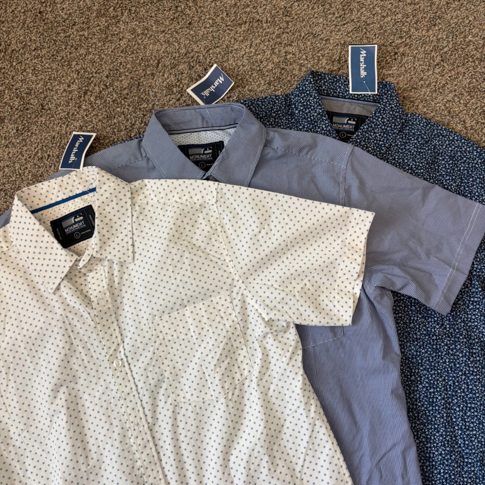 Monument Polo Bundle Mens Large Cotton Blue Print Lot 3 Golf Casual New